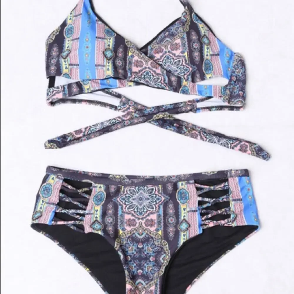 Tribal Print Criss Cross Bikini Cutout Two Piece Swimsuit Boho Beach